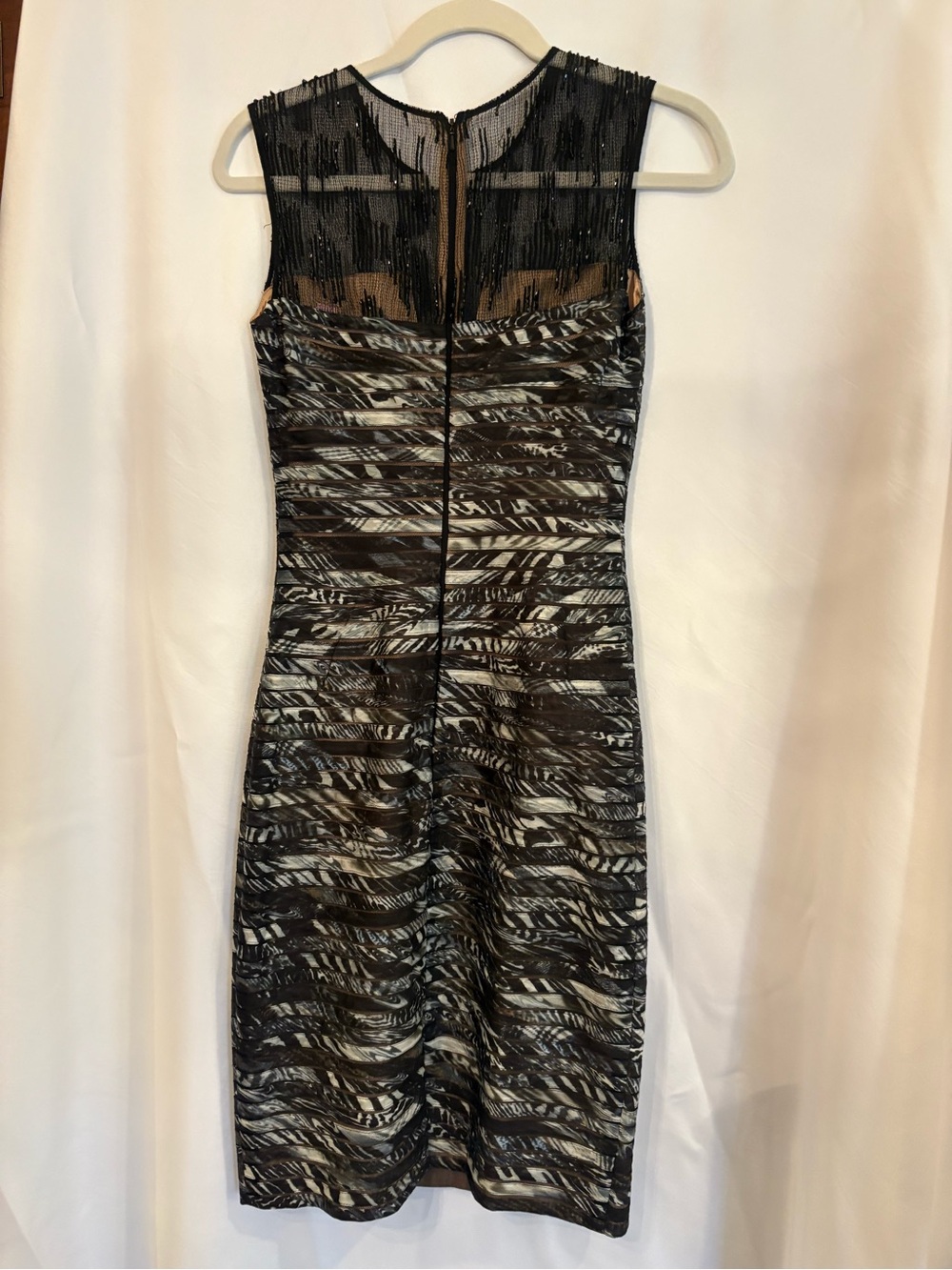 Silk neutral and black stripe dress with beaded top.